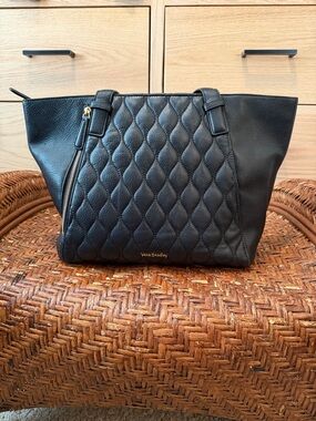Vera Bradley Black Quilted Leather Tote with Zip Accent